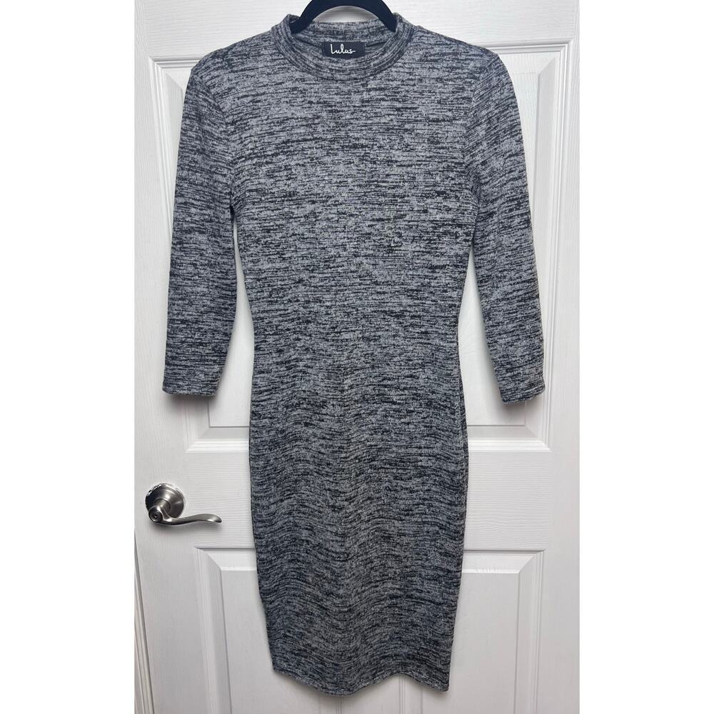 Lulus Dress Modern Marl Grey Bodycon Midi 3/4 Sleeve Fitted Gray Size Medium